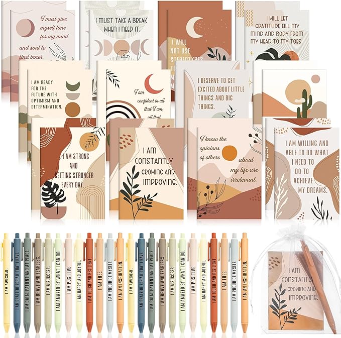 Mooliwe 12 Set/24 Pcs Positive Affirmation Gift Set Gratitude Notebooks with Pens Small Bags Motivational Encouragement Notepads Daily Affirmations Journal for Women Stress Relief Self Care(Rainbow)