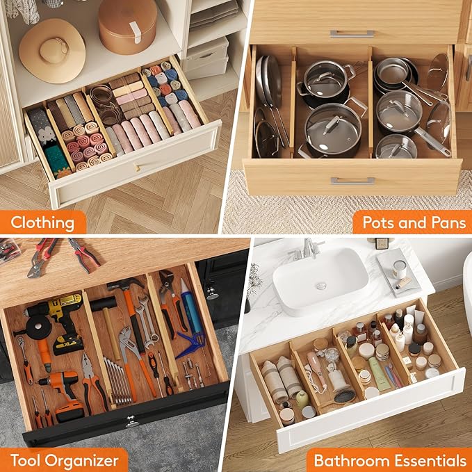Lifewit 6 Pack Drawer Dividers Bamboo 6" High, 16-22" Adjustable Clothes Drawer Organizers, Expandable Dresser Separators in Bedroom/Bathroom/Kitchen/Office Organization and Storage