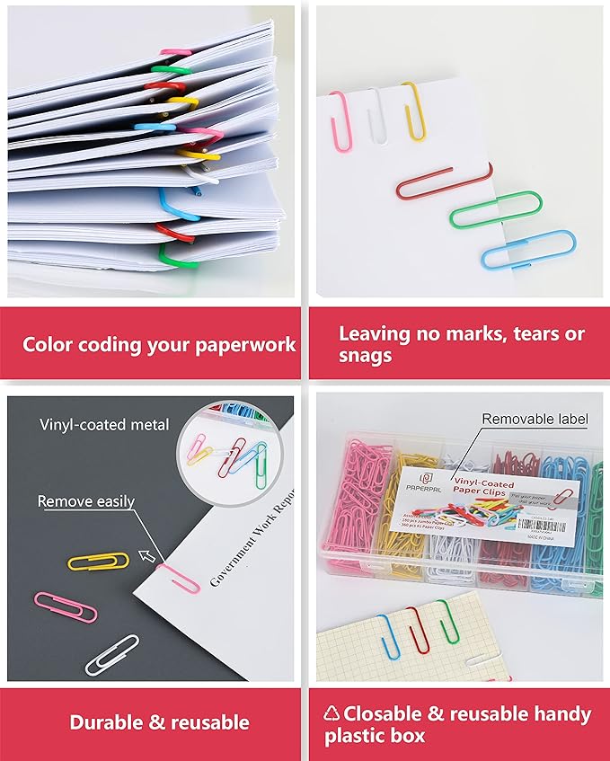 PAPERPAL Paperclips for Office School & Personal Use, Duo Size Vinyl Coated Paper Clip (2" & 1-2/7"), 540 Large & Medium Size Paper Clips (360 in No.1 Size, 180 in Jumo Size), Assorted Color