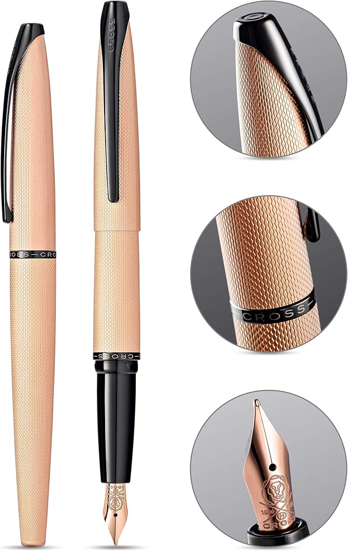 Cross ATX Refillable Fountain Presented in a Luxury Gift Box - Medium Point, Black Ink, Sandblasted Rose Gold