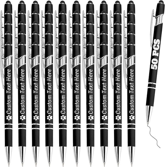 Personalized Pens Bulk 50 with Name Custom Engraving Ballpoint Pens with Stylus Tip Customized Smooth Writing Pens Personalized Gifts for Anniversary Birthday or Graduation(Black,Black Ink)