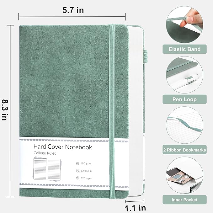 CAGIE Lined Journal Notebook, 320 Pages College Ruled Notebook, 100 Gsm Paper Thick Journal, B5 Hardcover Leather Journals for Writing Women Men, 7.6x10In, Green