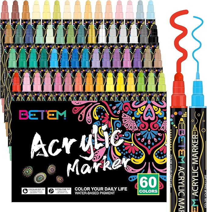 Betem 60 Colors Dual Tip Acrylic Paint Pens Markers, Premium Acrylic Paint Pens for Wood, Canvas, Stone, Rock Painting, Glass, Ceramic Surfaces, DIY Crafts Making Art Supplies