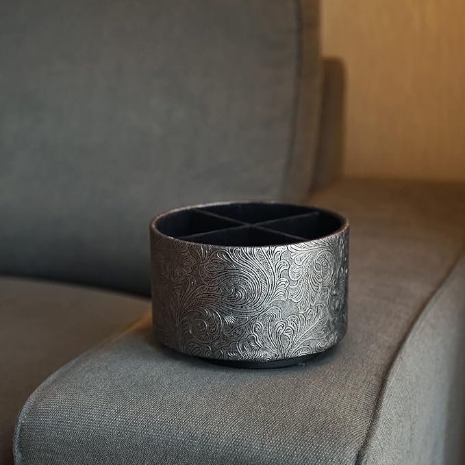 lizimandu Round Leather Art Supply Organizer,Remote Control Holder,360 Degree Spinning,Multi-Functional Pencil Holder,4 Compartments Desktop Stationary Organizer(1-Grey)