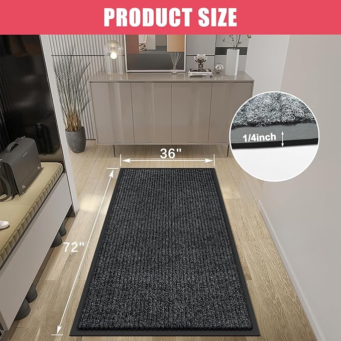 Kuyal Front Door Mat, 3'x6' Indoor Outdoor Entrance Mat, Commercial Floor Mats Inside Outside Entrance, Heavy Duty Durable Welcome, Rubber Backing Non Slip Outdoor Mats for Entryway,Black