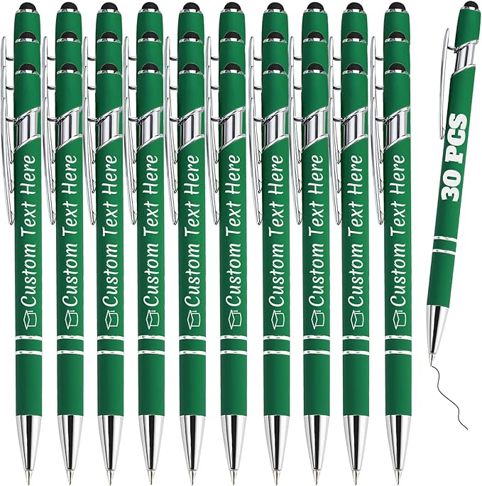 Personalized Pens Bulk 30 with Name Custom Engraving Ballpoint Pens with Stylus Tip Customized Smooth Writing Pens Personalized Gifts for Anniversary Birthday or Graduation(Dark Green,Black Ink)