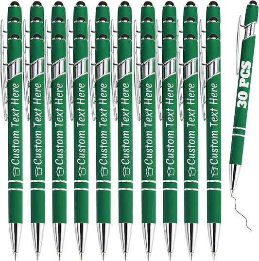 Personalized Pens Bulk 30 with Name Custom Engraving Ballpoint Pens with Stylus Tip Customized Smooth Writing Pens Personalized Gifts for Anniversary Birthday or Graduation(Dark Green,Black Ink)