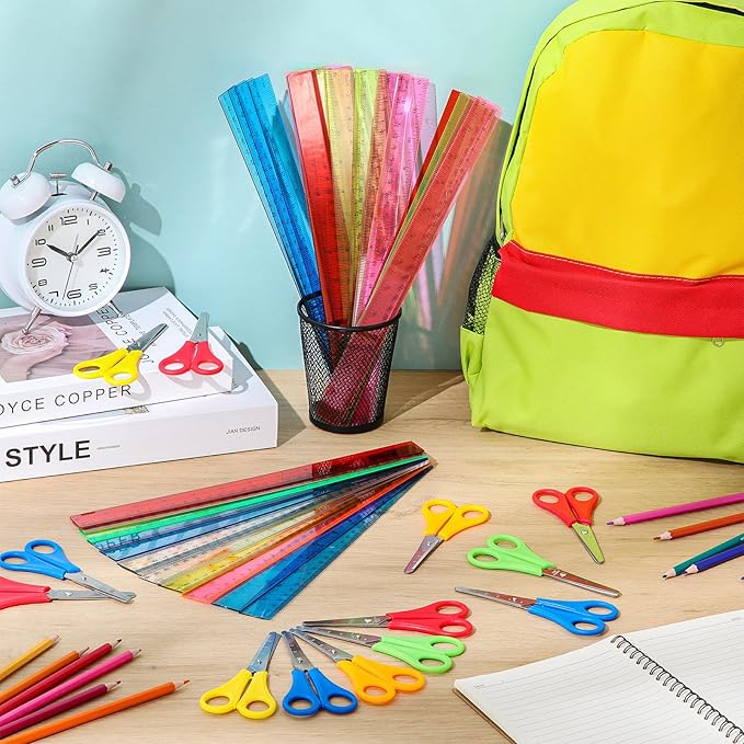 PerKoop 200 Pcs School Supplies with 100 Pcs Safety Blunt Tip Student Scissors 100 Pcs 12 Inch Plastic Rulers Back to School Supply Kit for Operation Christmas Charity Donation Supplies (Cute Color)