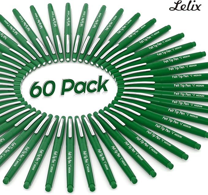 Lelix Felt Tip Pens, 60 Green Pack, 0.7mm Medium Point, Felt Tip Markers Pens for Journaling, Writing, Note Taking, Planner, Perfect for School Office and Art Supplies