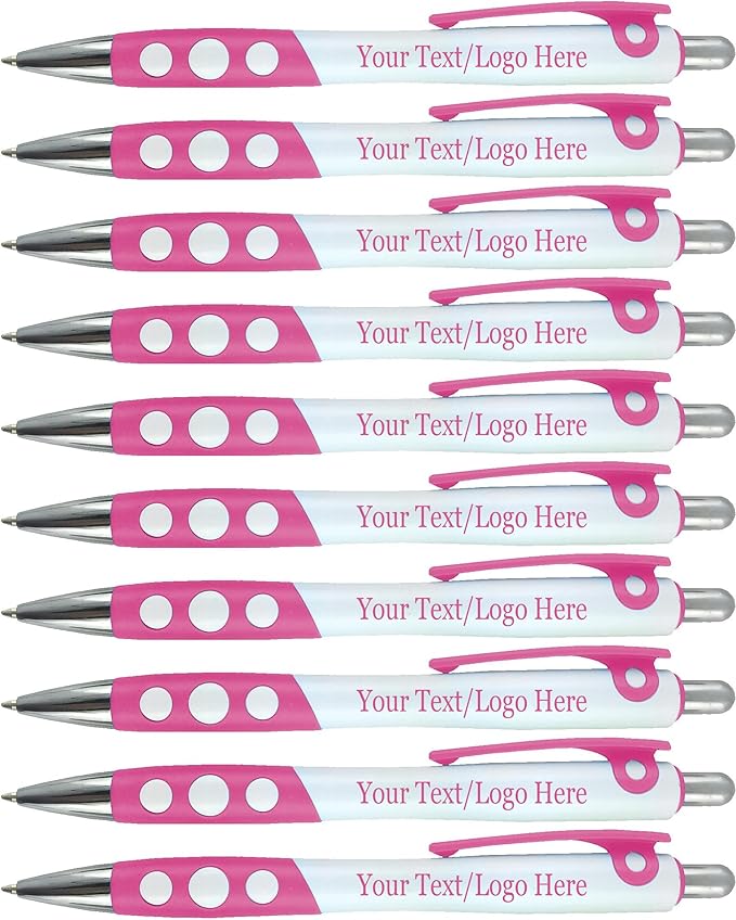 SyPen Personalized Ballpoint Pens With Custom Logo/Text-350 Pack Bulk-for Businesses, Parties, & Events, Custom Printed, White Barrel with Matching Colored Clip and Grip, Click Pens, Black Ink, Pink