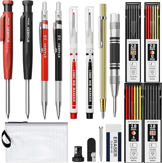 17 Pack Mechanical Carpenter Pencil Set with Sharpener 40 Refills, Automatic Center Punch, Carbide Scribe Tool, Eraser and Deep Hole Marker Pen, Heavy Duty Construction Pencil for Architect with Pouch