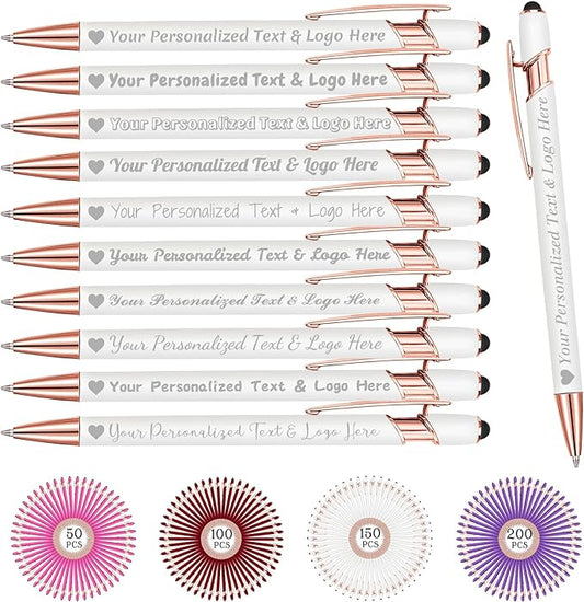 STREADVE Personalized Custom Pens 10 Engraved Writing Pen with Name Logo, Customized Promotional Items Stylus Pen Gifts for Communion Wedding Men Women Realtor Business, White
