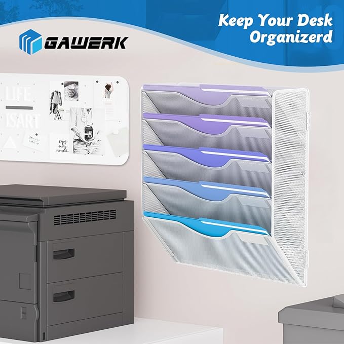 5 Tier Hanging Wall File Organizer, Mesh Mail Paper Orgnization Hanging File Folder Holder for Home Office, White