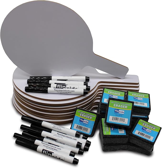 Flipside Products Oval Dry Erase Answer Paddles w/Black Dry Erase Marker and Erasers, Auction, Handheld Whiteboard, Handle Response Board, 36 Pieces, Set of 12