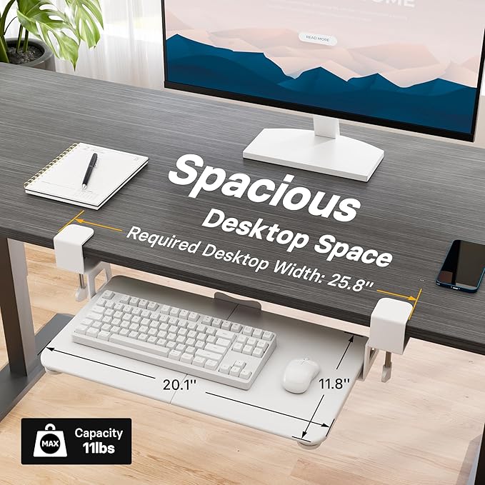 BONTEC KMT01-PJ Under Desk Keyboard Tray, Pull-Out Keyboard & Mouse Platform with C-Clamp, 20 x 11.8 in Space-Saving Ergonomic Slide-Out Drawer, White