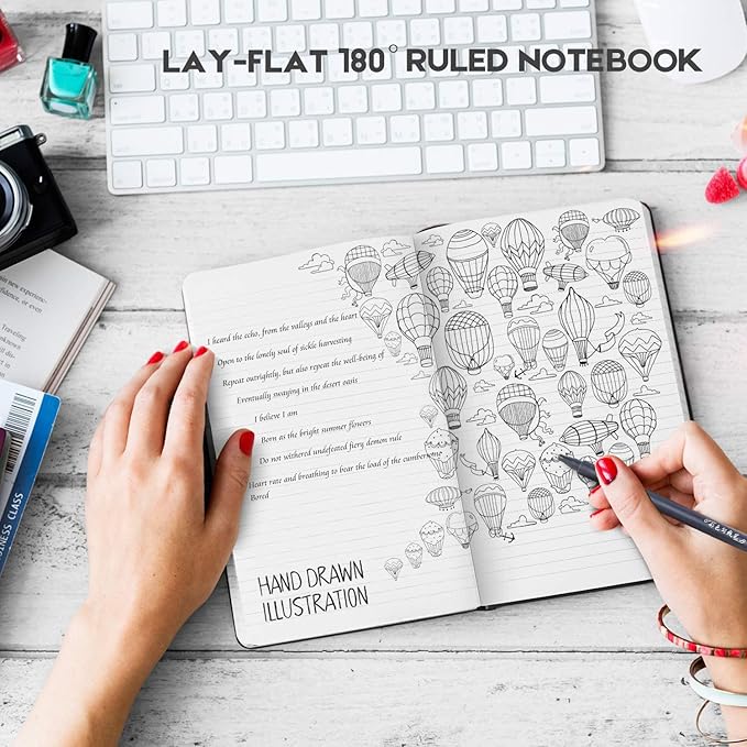 Huhuhero 10 Pack Lined Journal Notebook, 120Gsm College Ruled Thick Paper Journals for Writing, Hardcover Notebooks for Work School Business Note Taking Women Men, 5"×8.25" (10, Black)