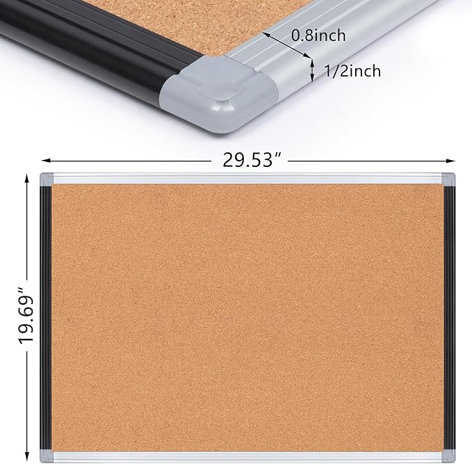 Board2by Cork Board Bulletin Board 20" x 30", Black/Silver Aluminium Framed Corkboard, Office Board for Wall Decor, Large Wall Mounted Notice Pin Board with 18 Push Pins for School, Home & Office