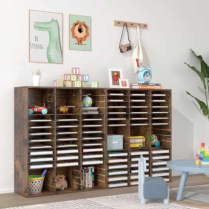 EasyPAG Mail Organizer Countertop, Wood Literature Organizer with Adjustable Shelves, Student Classroom Mailbox for School, Desktop Paper Sorter for Office Home, 48 Compartments, Archaize