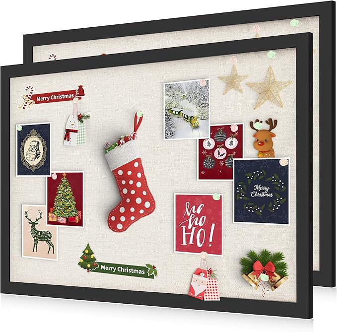 Cork Board Bulletin Board 18" x 24", 2-Pack Large Linen Corkboards with Frame for Walls, Cute Picture Display Pin Board Vision Board for Room School Office Bedroom 40 Pushpins Vintage Black