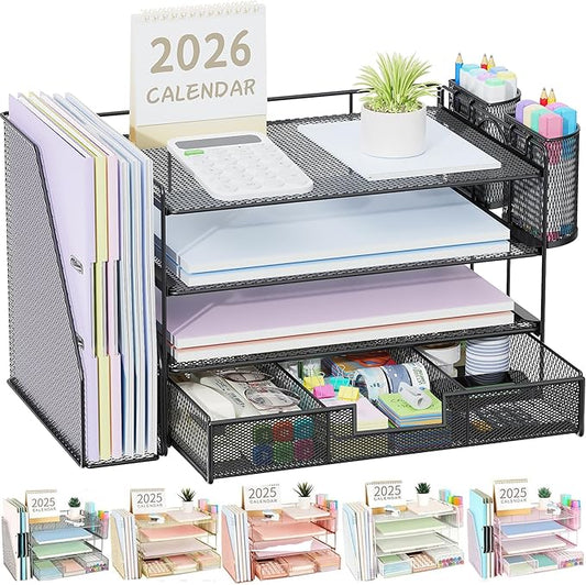 gianotter Desk Organizers and Accessories with File Holder, 4-Tier Desk Accessories & Workspace Organizers with Drawer and 2 Pen Holder, Paper Organizer for Office Supplies (Black)
