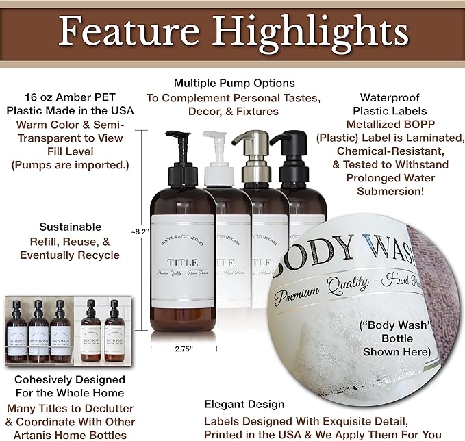 Amber PET Plastic Refillable Hand Sanitizer Pump Bottle Dispenser 304 Grade Stainless Steel Pump, 16 oz, Waterproof Label, Empty Reusable Container for Kitchen, Bathroom, Business