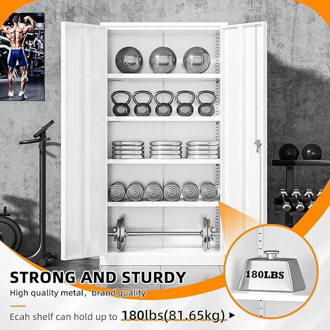 INTERGREAT Garage Storage Cabinets with Doors and Shelves,72" Tall White Steel Locking Cabinets Storage, Metal Cabinet for Home Office, Warehouse, School