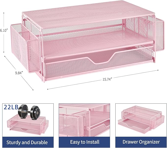 AUPSEN Computer Monitor Stands Riser，2-Tier Desk Organizers and Accessories, Office Desk Accessories Organizer with Drawers and 2 Pen Holder for Office Supplies (Pink)