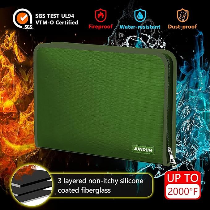 JUNDUN Accordion File Organizer - Fireproof Accordion Folder with Zipper & Labels - 12 Pocket Expanding File Folder with Multi-Pockets Paper Organizer Folder for Letter A4 Files More (Green)