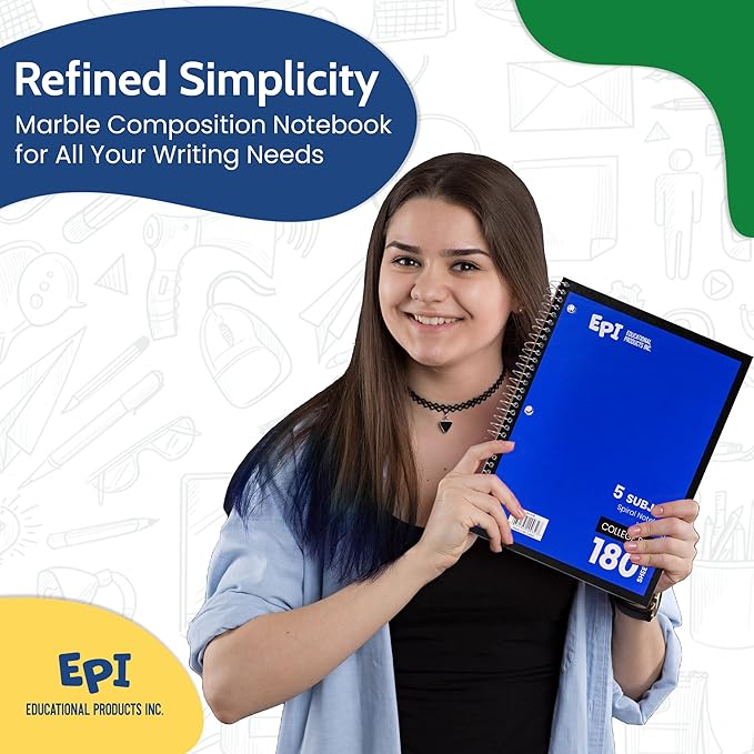 EPI Spiral Notebook | 5 Subject - College Ruled - 180 Sheets, Durable Spiral Binding | 10.5 x 8 in | Classroom Supplies | School, Office, Note Taking, Journaling - 6 Pack