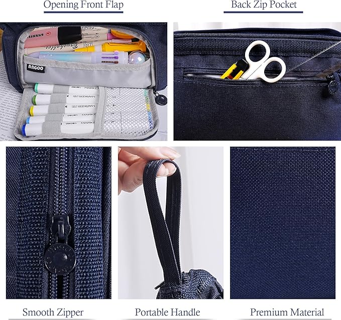 Pencil Case Pouch Large Capacity with Compartments, Pencil Case Pouch Bag with Zipper Handle for Teen Girls Boys Adults Women Men, Portable Pen Bag Stationery Organizer for Office School Travel, Navy