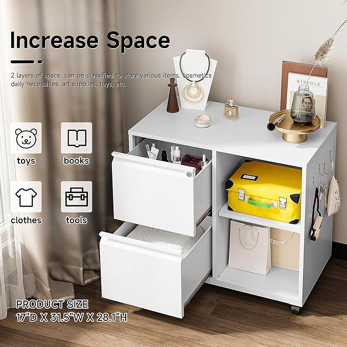 SISESOL 2 Drawer File Cabinet with Lock and Shelf,Mobile Lateral Filing Cabinet,Metal File Organizer Cabinet with Open Storage Shelves for Home Office Fit Legal/Letter A4 Size