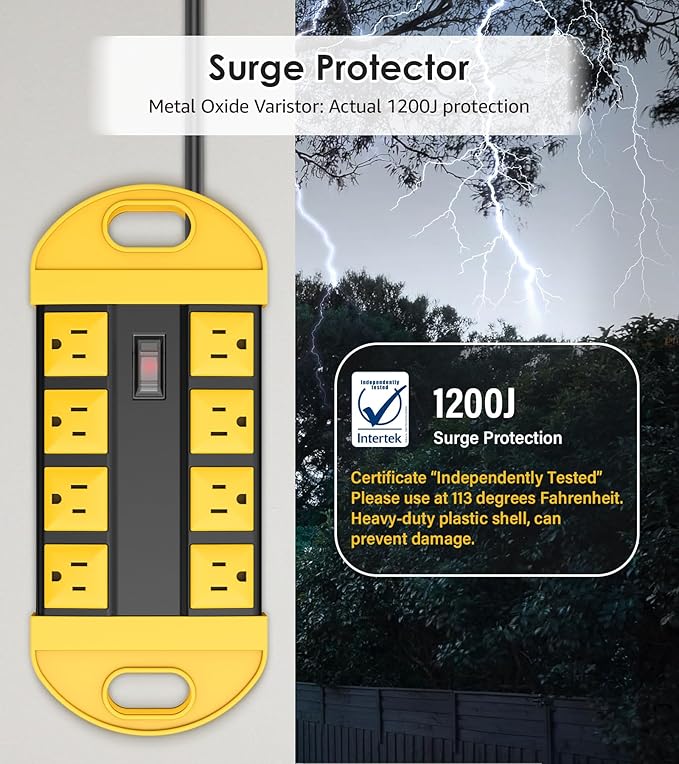 CCCEI Outdoor Power Strip Weatherproof with 8 Plug, Waterproof Extension Cord with Multiple Outlets, Christmas Exterior Garden Yard Surge Protector 15FT.