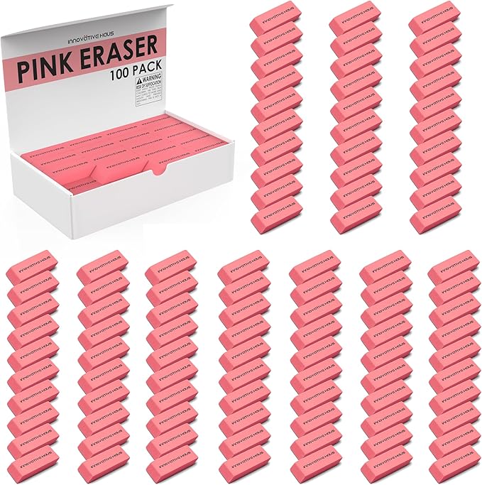 Innovative Haus Pink Erasers Bulk - Latex Free, Smudge Resistant Large Eraser. Big Size School Erasers for Kids in Bulk. Ideal for Students and Classrooms. Pack of 100