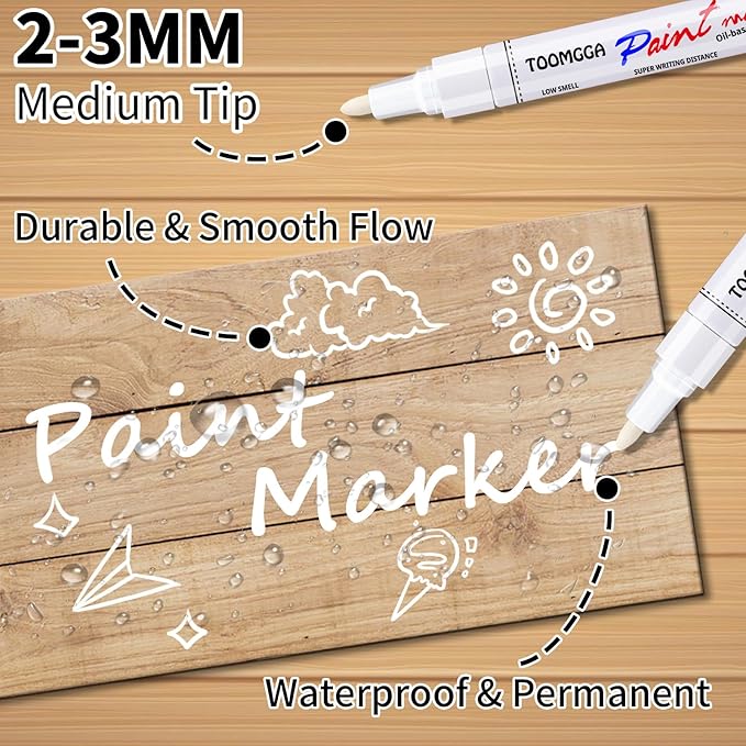 White Paint Pens Permanent Paint Markers - 12 Pack Oil Based Marking Pens, Medium Point, Quick Drying and Waterproof Pens for Rock Painting Car Tyre Metal, Plastic, Canvas, Wood