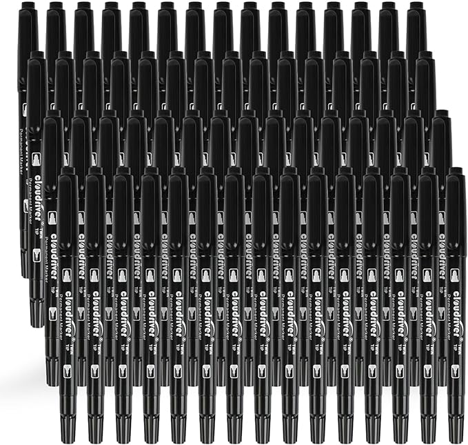 cloudriver Ultra Fine Permanent Markers, 60 Bulk Pack Twin Tip Black Permanent Marker Set, Waterproof and Quick Drying