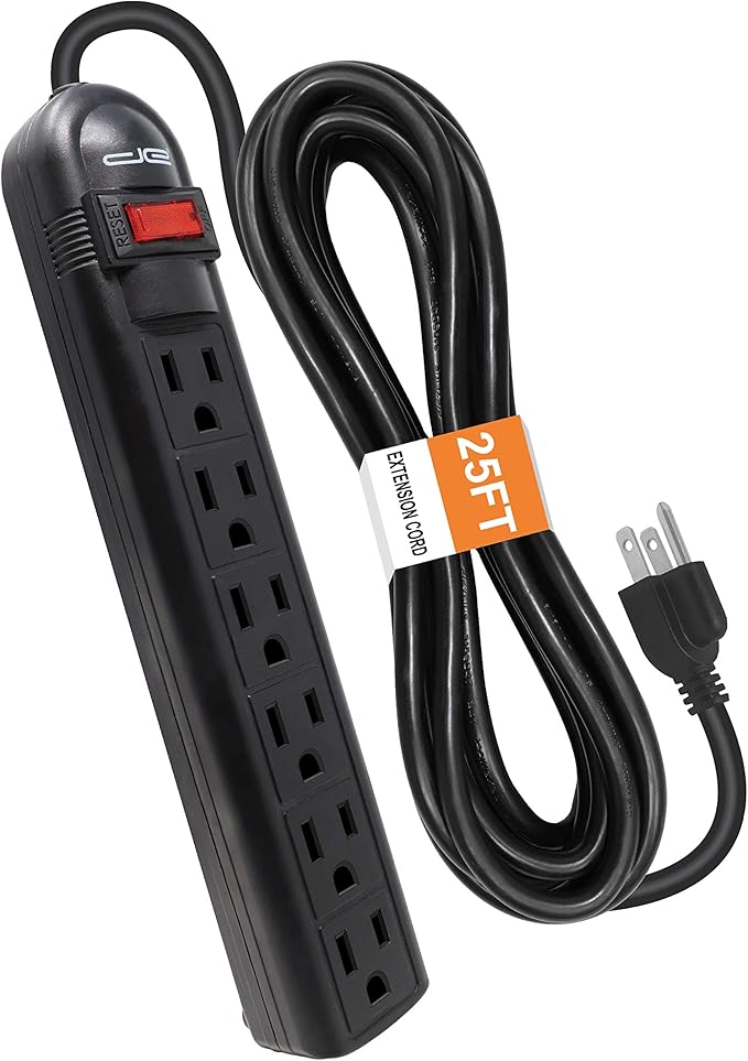 Digital Energy 6-Outlet Surge Protector Power Strip with 25-Ft Long Extension Cord, Black, ETL Listed/UL Standard