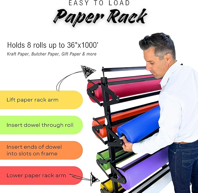 Paper Roll Holder, Dispenser Rack and Cutter - 8 Racks for Large, 36" Butcher, Craft, Gift Wrap & Art Kraft Rolls – Durable, Mobile Rolling Organizer with Ceramic Blade for Classroom, Studio & Retail