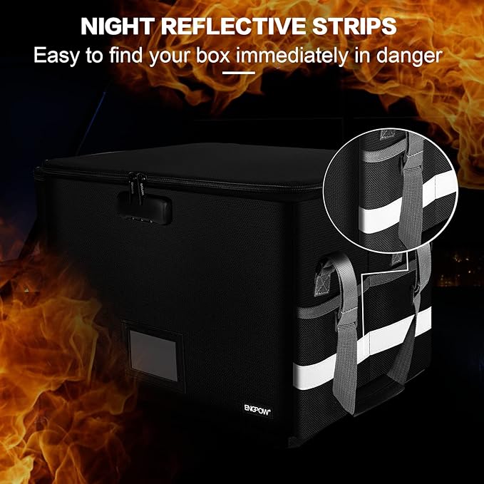 ENGPOW File Box with Lock, Fireproof Document Box with Pockets, Collapsible File Organizer Filing Storage Cabinet with Handle, Portable Home Office Safe for Hanging Letter/Legal Folders,Black,2 Pack