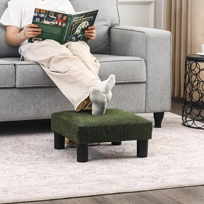 Joveco Small Foot Rest Stool Ottoman, 3D Velvet Square Upholstered Footstool for Chair, Under Desk, Office, Living Room, Deep Green