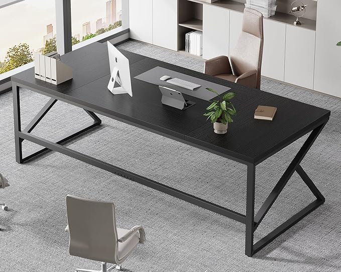 HSH Extra Long Black Computer Desk, 78 inch Large Home Office 2 person Desk, Industrial Metal Wood double Desk for Executive Work Writing Study, Modern Black Bedroom Living Room PC Laptop Gaming Table