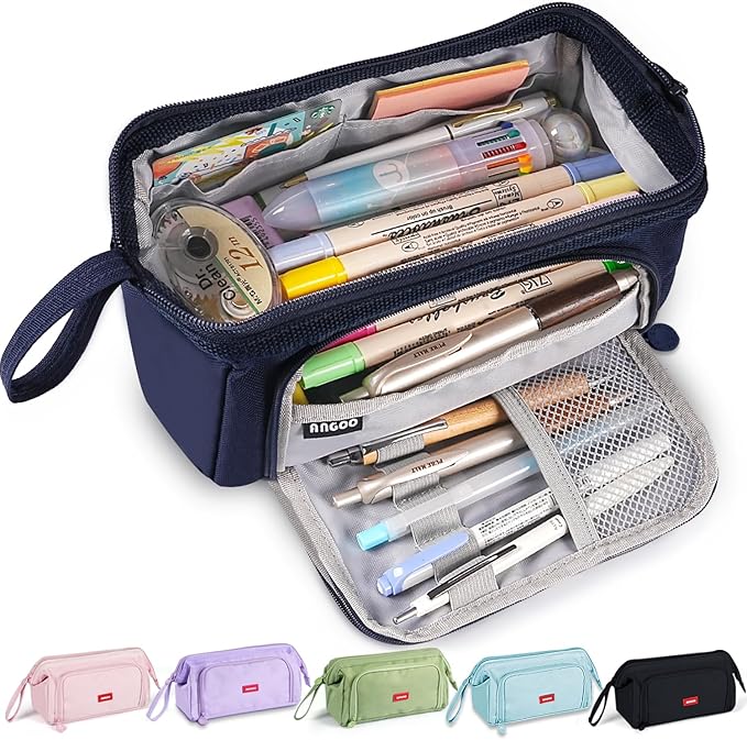 Pencil Case Pouch Large Capacity with Compartments, Pencil Case Pouch Bag with Zipper Handle for Teen Girls Boys Adults Women Men, Portable Pen Bag Stationery Organizer for Office School Travel, Navy