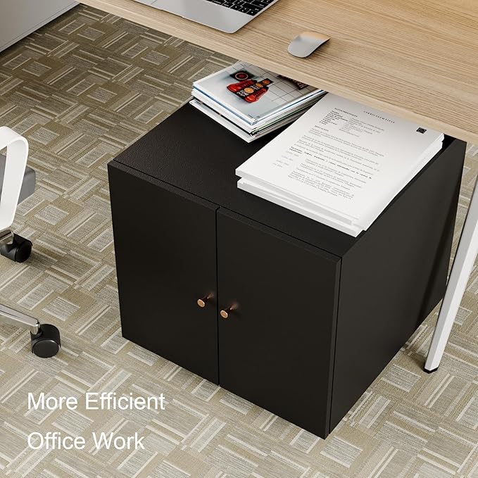 Printer Stand with Storage, 3D Heavy Duty Printer Table with Shelves, Large Printer Table for Home Office, Black Printer Stand on Wheels with Doors, Metal Fax Machine Stand for Workplace