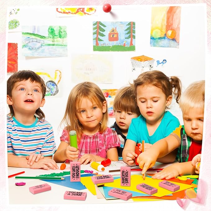 PerKoop 100 Pcs Pcs Inspirational Pink Erasers Bulk Small Motivational Block Pencil Erasers Back to School Gifts for Classroom Students Teachers Office Stationery Supplies