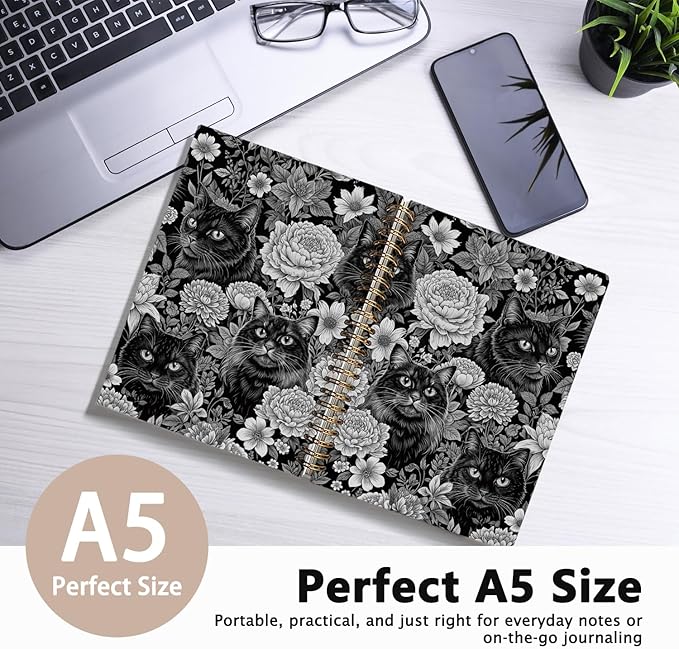 Cat Notebook Journal, Vintage Black White Floral Cats Spiral Notebook for School Supplies, Cat Lover Gifts for Women Men, Black Cat Gifts for Girls 5.5x8.3 Inch