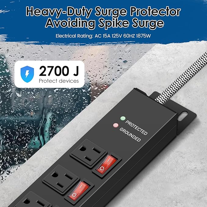 Rack Mount Power Strips,8 Outlet Strips Surge Protector with Individual Switches, PDU Power Strip for Server Racks, 14AWG Heavy-Duty Braided Extension Cord,2700J,15A 125V 1875W (6 FT Cable)