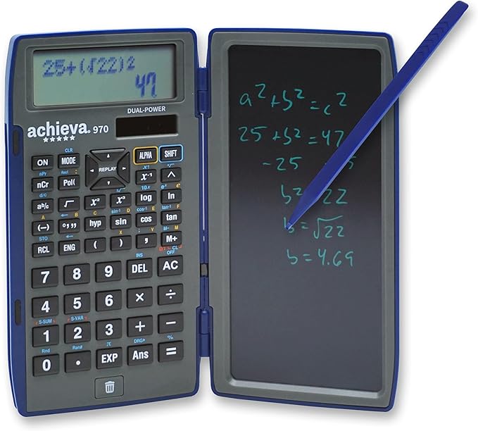 Achieva Scientific Calculator with Erasable LCD Writing Tablet | 2-Line Display | Dual Solar & Battery Power | for Students in Middle School, High School (970)