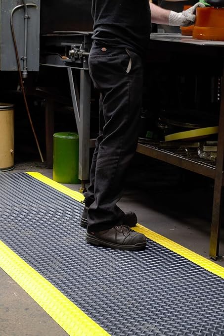 Wearwell 414.1516x2x12BYL Diamond-Plate SpongeCote UltraSoft Mat, 12' Length x 2' Width x 15/16" Thick, Black with Yellow