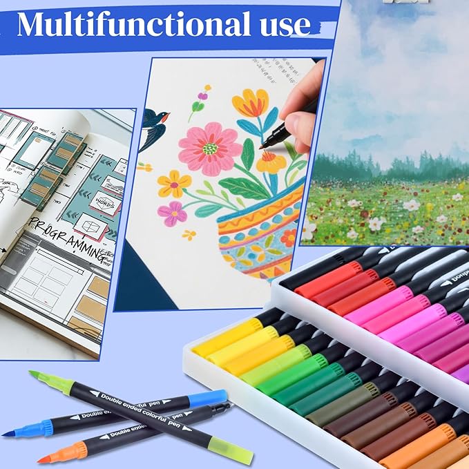 60 Colored Dual Markers Brush Pens, Fine Point Art Marker, Double Tip Colored Pen for Adult Coloring Books, Sketching, Drawing