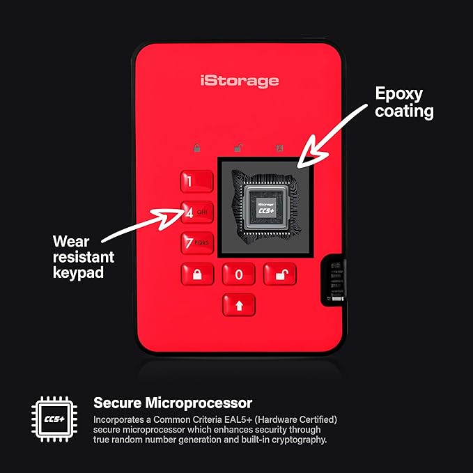 iStorage diskAshur2 HDD 2TB Red | Secure portable hard drive | Password protected | Dust & water resistant | Hardware Encryption