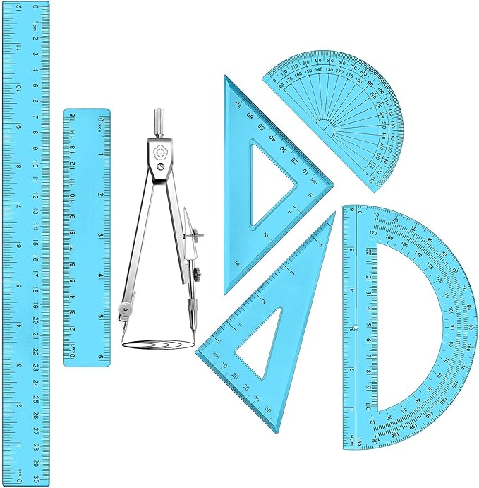 Zonon 1 Set Plastic Geometry Math Set Includes Drawing Compass, 6 Inch 4 Inch Protractor, 45/60 Degree Triangle Rulers 12 Inch 6 Inch Math Ruler Transparent for Office Supplies(Blue)